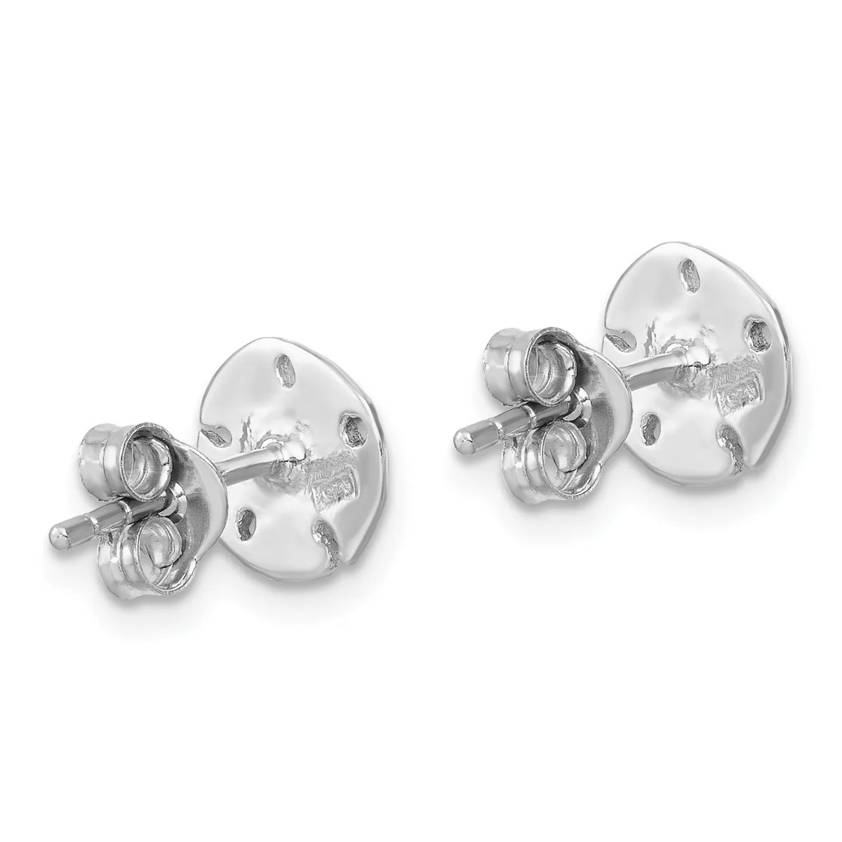 A pair of silver stud earrings with circular disc backs and twin round stone settings on posts, shown from the front and back views.