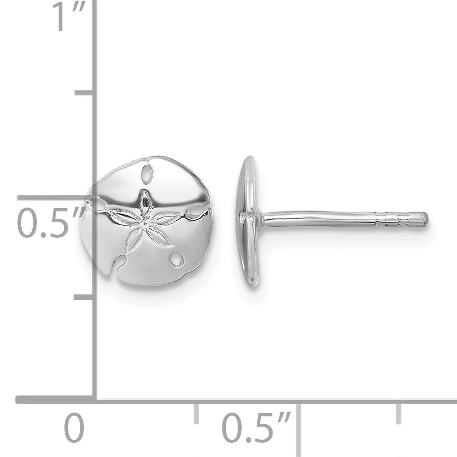 Silver sand dollar stud earring shown next to a ruler displaying its size as approximately half an inch in diameter.
