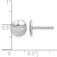 Silver sand dollar stud earring shown next to a ruler displaying its size as approximately half an inch in diameter.