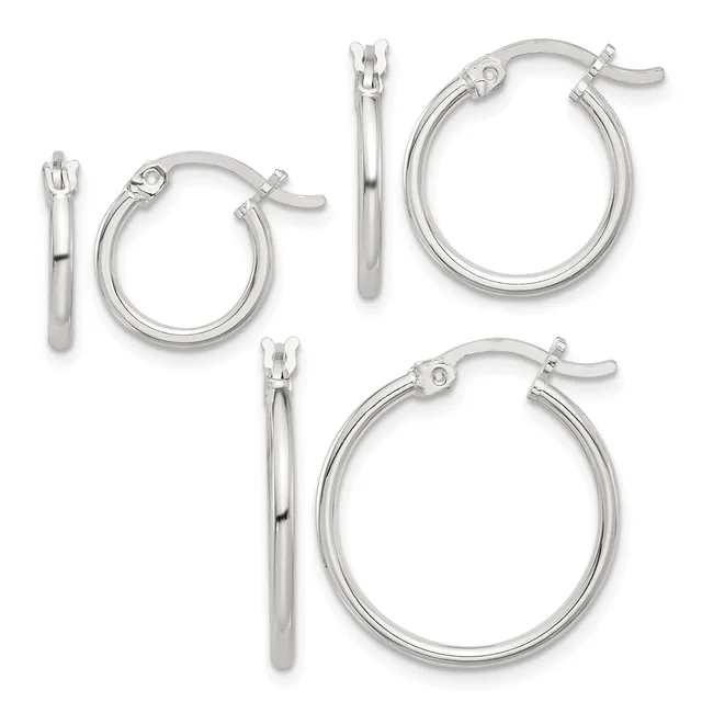 Three pairs of silver-toned hoop earrings in increasing sizes, displayed with matching posts and hinged closures.