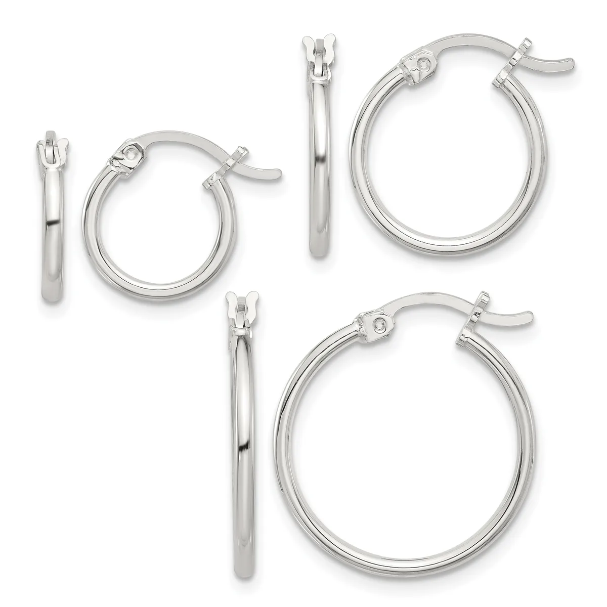 Three pairs of silver-toned hoop earrings in increasing sizes, displayed with matching posts and hinged closures.