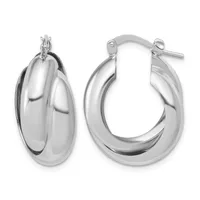 A pair of polished silver-toned chunky oval hoop earrings displayed from front and side views, shown with post and clutch closures.