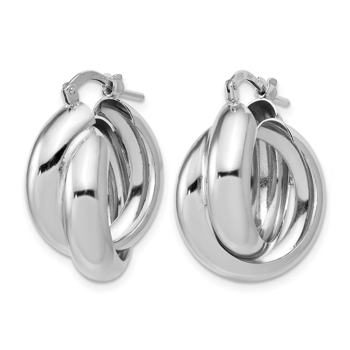 A pair of polished silver chunky hoop earrings with overlapping curved bands, shown from front and back angles with hinged closures.