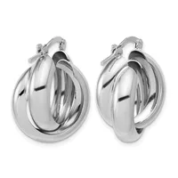A pair of polished silver-toned chunky hoop earrings with layered overlapping bands and hinged closures, shown from front and back views.