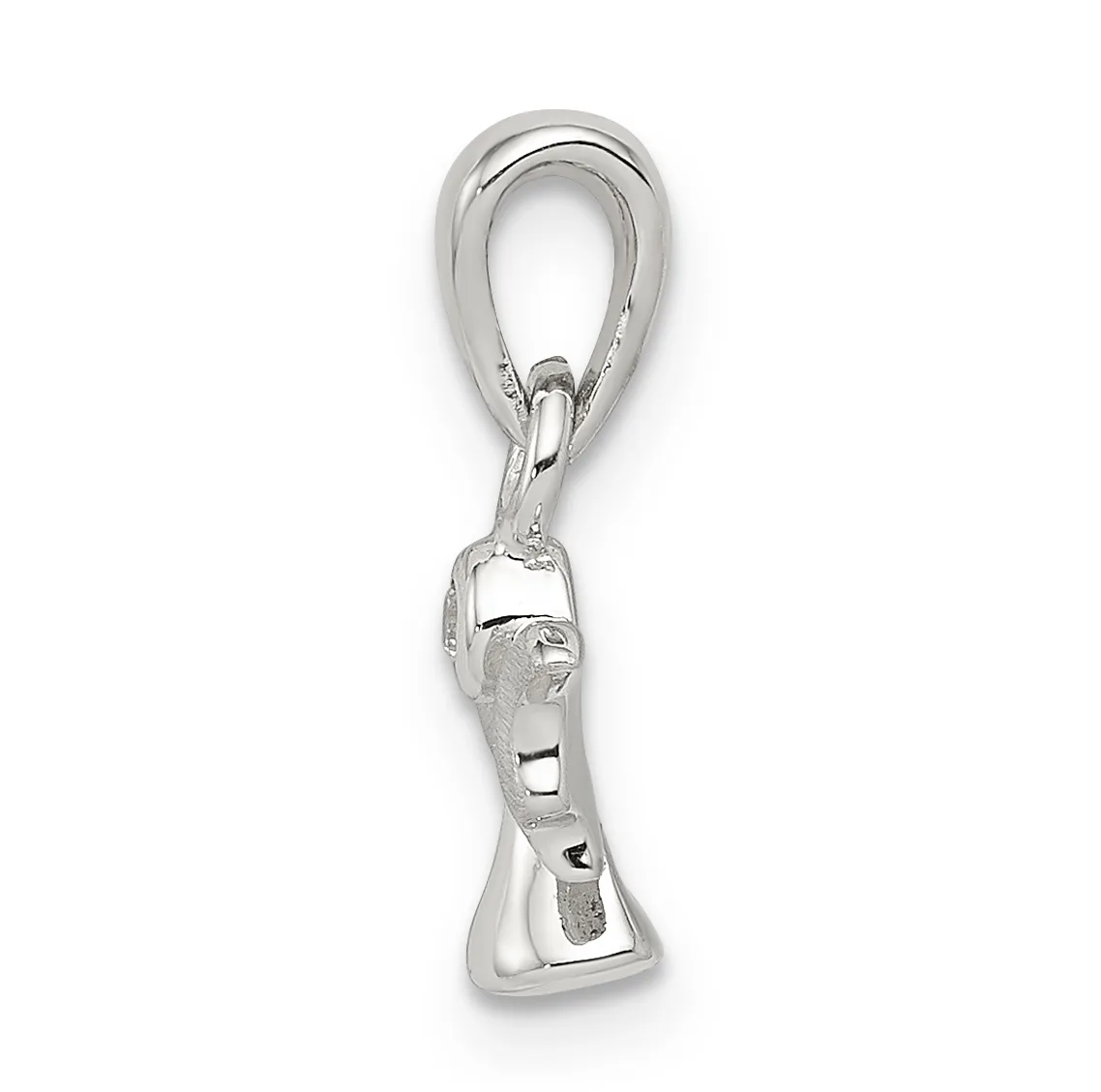 A silver whistle charm with a loop attachment, shown hanging against a white background.