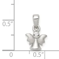 Silver angel pendant with outstretched wings and a cubic zirconia stone at the center, shown against a measurement scale indicating approximately half an inch in height.