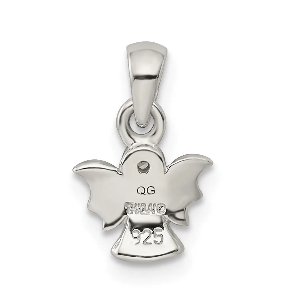 A sterling silver angel-shaped pendant with wings, shown suspended from a bail against a white background.