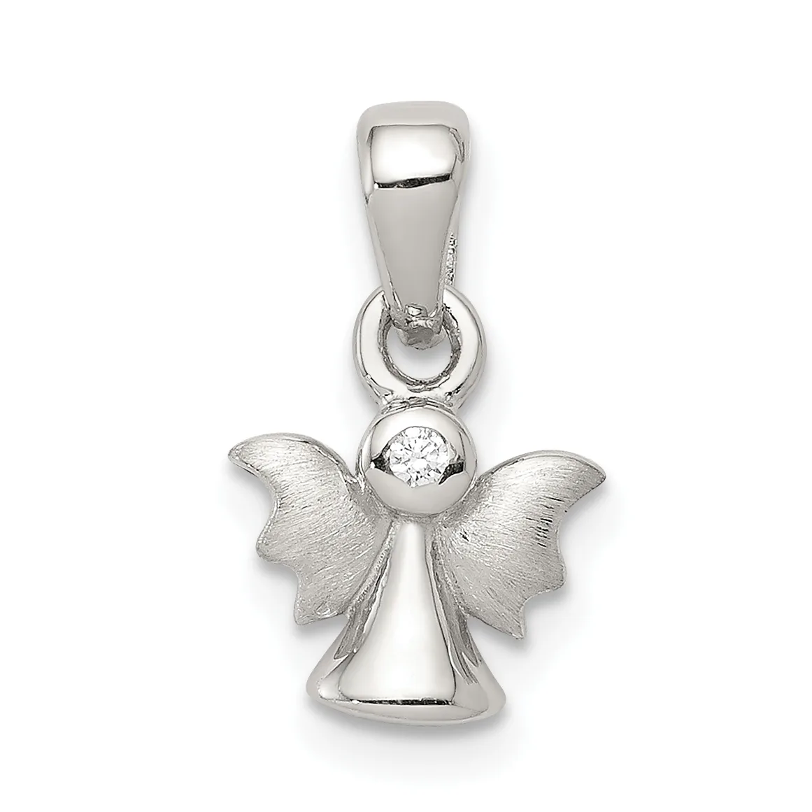 Silver angel pendant with brushed finish wings, a polished spherical body, and a round clear gemstone set at the center, suspended from a bail loop.