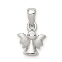 Silver angel pendant with brushed finish wings, a polished spherical body, and a round clear gemstone set at the center, suspended from a bail loop.