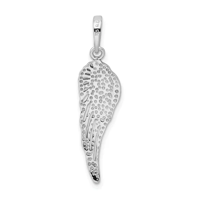 A silver pendant shaped like an angel wing with textured dot detailing throughout, suspended from a silver bail.