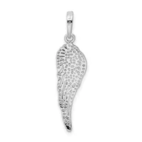 A silver pendant shaped like an angel wing with textured dot detailing throughout, suspended from a silver bail.