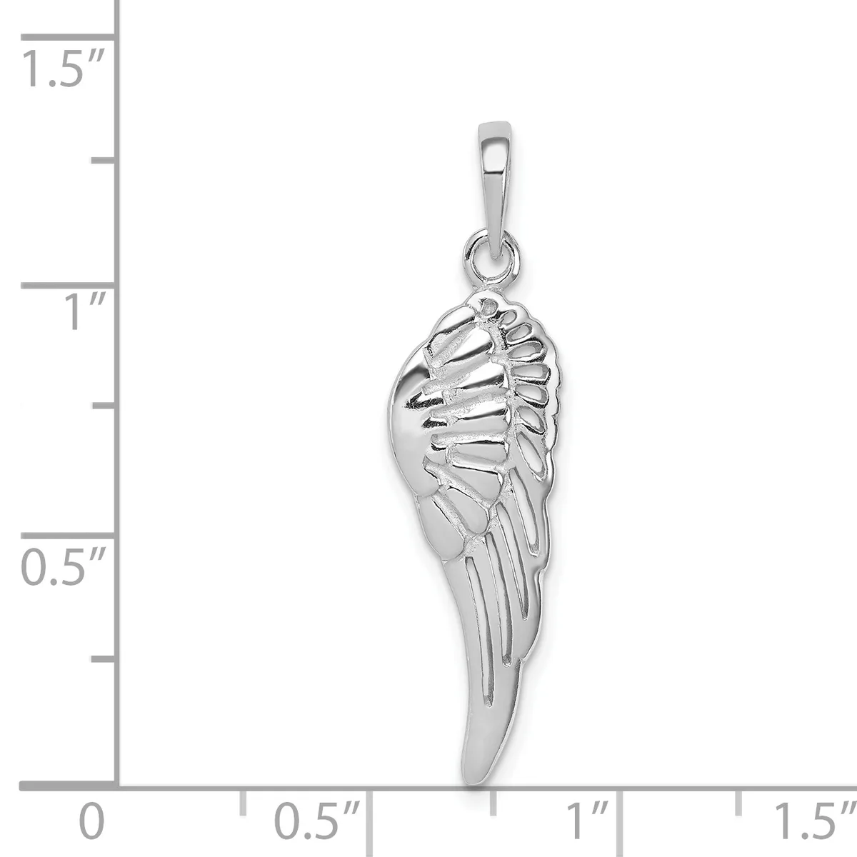 A silver wing-shaped pendant with detailed feather etching, shown next to a measurement scale indicating it is approximately one inch long.