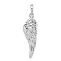 A silver pendant shaped like a wing with detailed feather engravings, suspended from a rectangular bail loop.