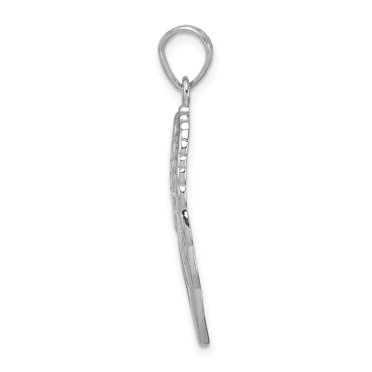A silver-toned metal keychain with a teardrop-shaped ring at the top, connected to a chain link section and a long tapered bar pendant.