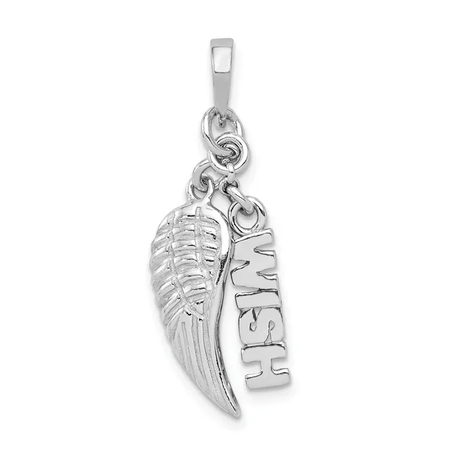 Silver charm pendant featuring a detailed feather and a rectangular "WISH" tag hanging from two jump rings attached to a bail.
