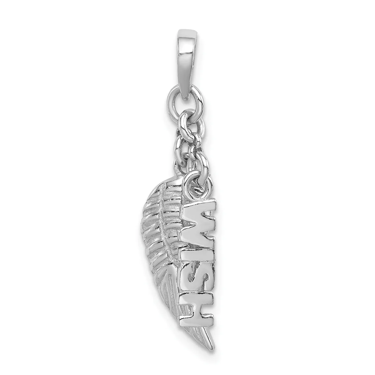 Silver feather-shaped pendant with detailed etching and texturing, suspended from a chain and bail loop.