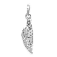Silver feather-shaped pendant with detailed etching and texturing, suspended from a chain and bail loop.