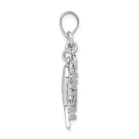 Silver-toned metal keychain charm featuring a decorative pendant with geometric cutout details, suspended from a split ring connector.