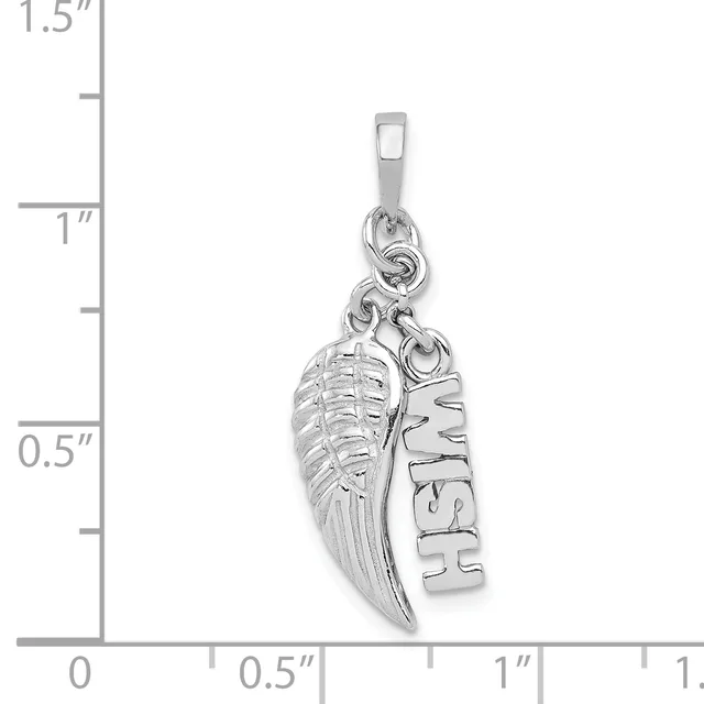 Silver pendant featuring a feather and a rectangular charm with etched details, displayed against a measurement scale showing the piece is approximately one inch tall.