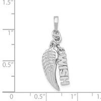 Silver pendant featuring a feather and a rectangular charm with etched details, displayed against a measurement scale showing the piece is approximately one inch tall.