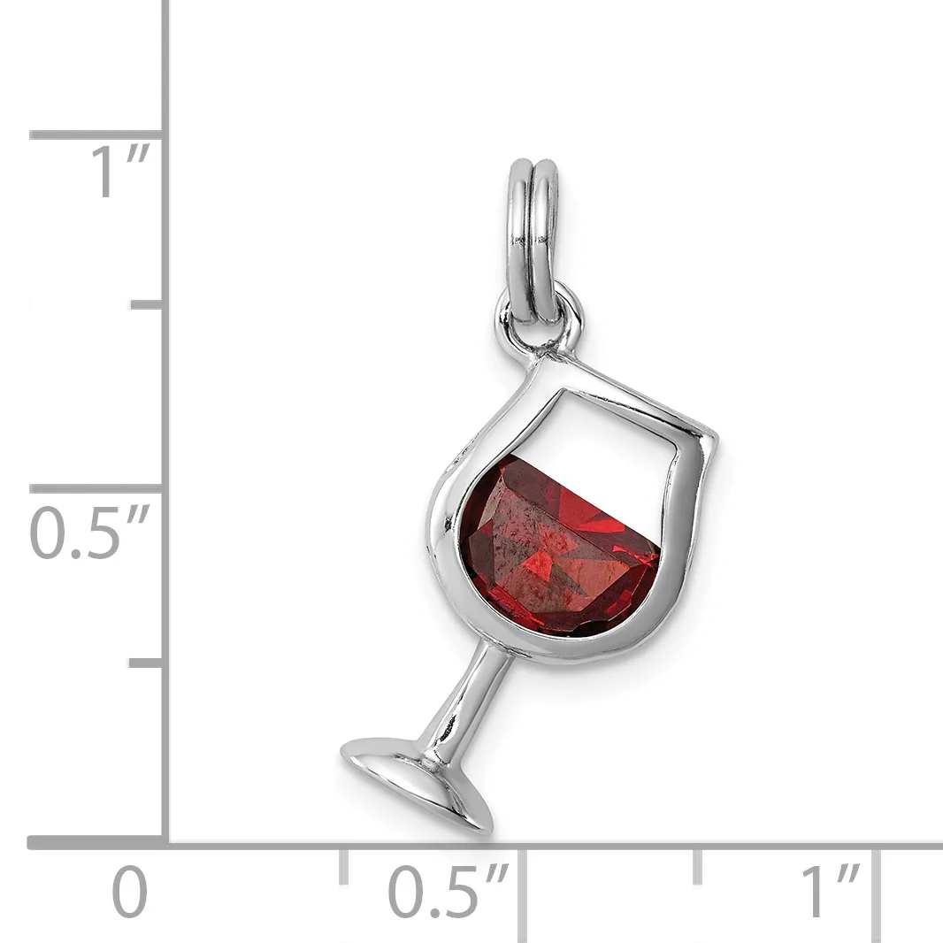 Silver wine glass charm pendant with red enamel fill, shown next to a ruler measuring approximately 0.75 inches wide by 1 inch tall.