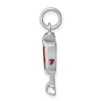 A silver-toned metal keychain charm with a red enamel accent and a bottle opener at the bottom, attached to a split key ring at the top.