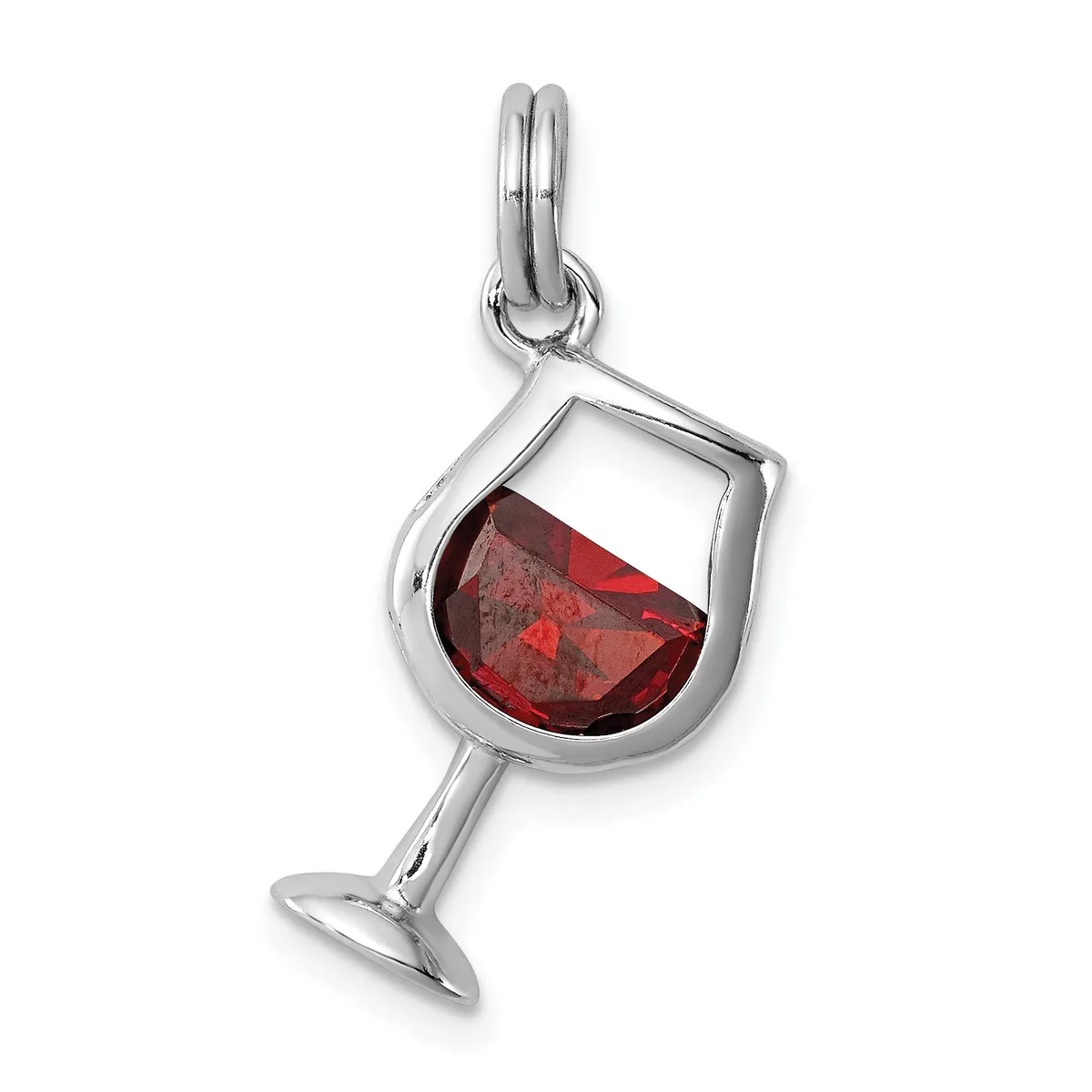 A sterling silver charm shaped like a wine glass filled with faceted red crystal, suspended from a small loop bail.