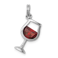 A sterling silver charm shaped like a wine glass filled with faceted red crystal, suspended from a small loop bail.
