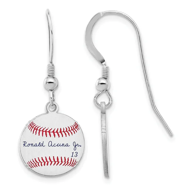 Silver dangle earrings featuring baseballs with red stitching and handwritten text, suspended from curved hooks with small beads.