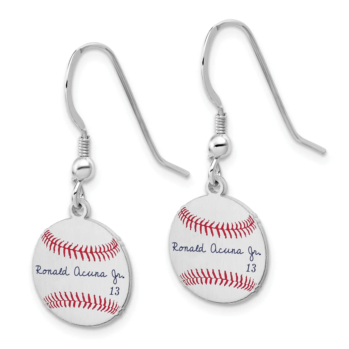 A pair of silver-tone dangle earrings featuring miniature baseballs with red stitching and handwritten text on the surface, suspended from hook-style wires.