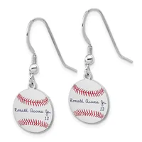 A pair of silver-tone dangle earrings featuring miniature baseballs with red stitching and handwritten text on the surface, suspended from hook-style wires.