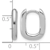 A pair of polished silver-toned rectangular hoop earrings with rounded corners, displayed with a measurement scale showing approximately 0.5 inches in height and width.