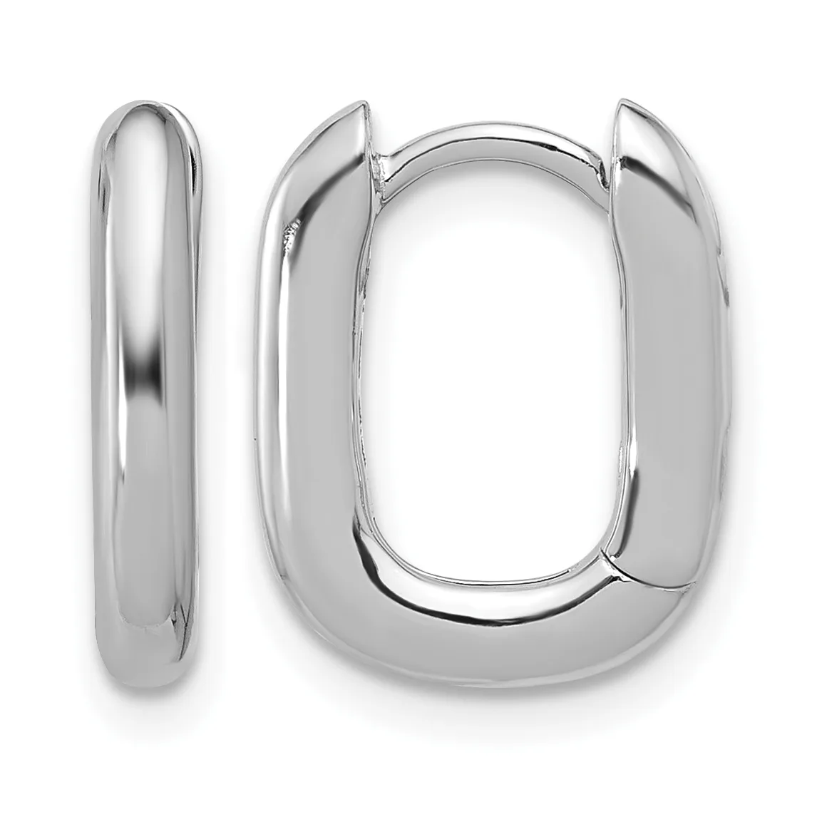 A pair of polished silver chunky oval hoop earrings displayed from front and side views, showing smooth curved surfaces and a hinged closure.
