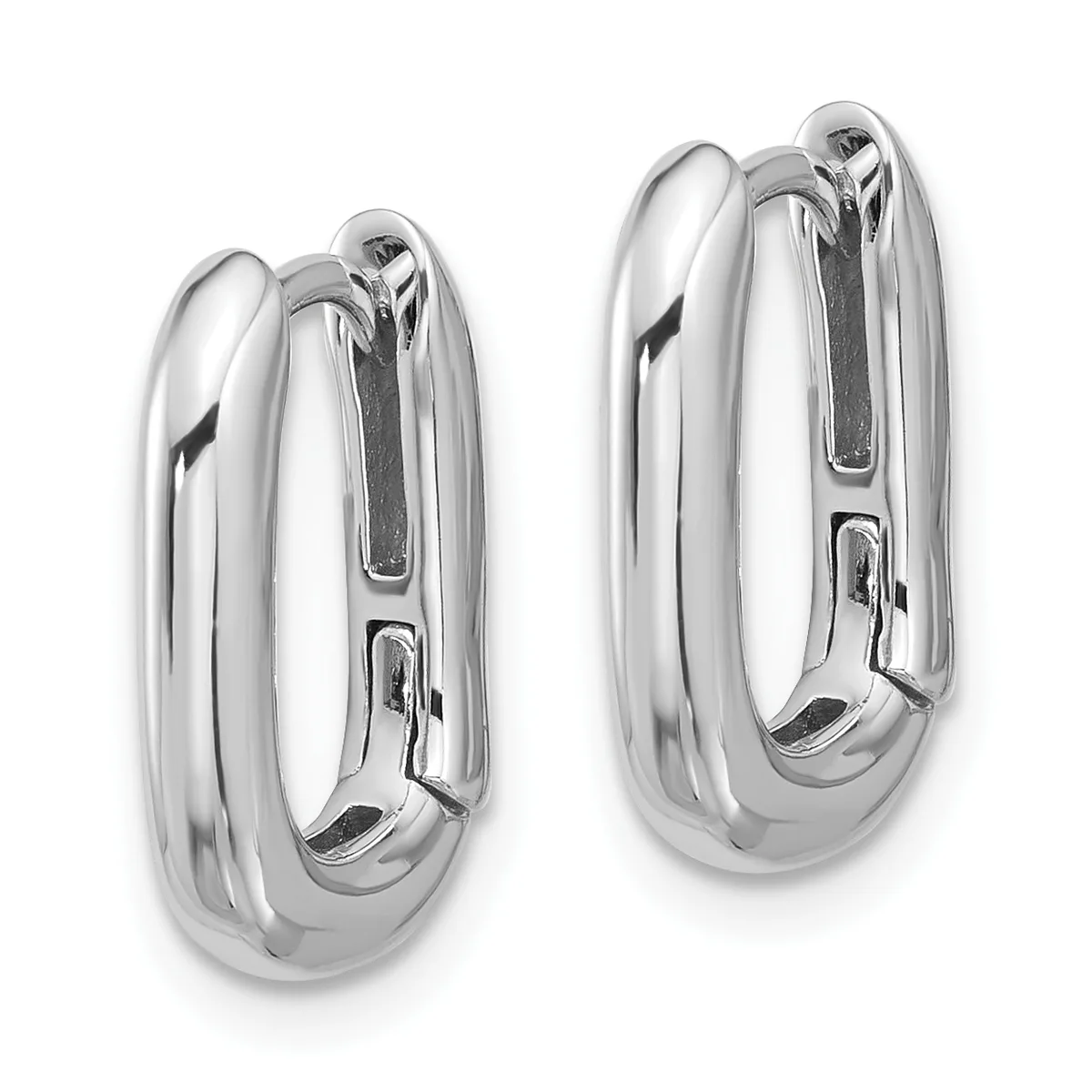 A pair of polished silver hoop earrings with a chunky, rounded profile and hinged closure backs, shown against a white background.