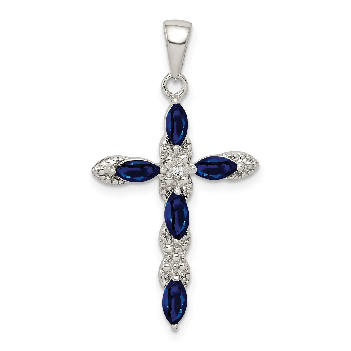 Silver cross pendant with five oval blue sapphires and white diamond accents, suspended from a silver bail.