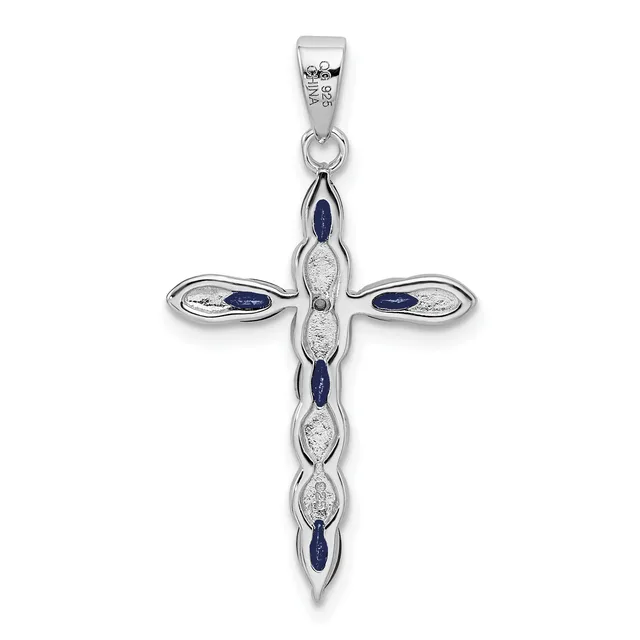 Sterling silver cross pendant with alternating blue sapphire and clear crystal inlay sections, suspended from a bail with small hallmark.