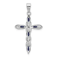 Sterling silver cross pendant with alternating blue sapphire and clear crystal inlay sections, suspended from a bail with small hallmark.