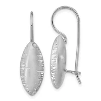 A pair of silver earrings with textured oval pendants hanging from curved ear wires, shown front and side views.