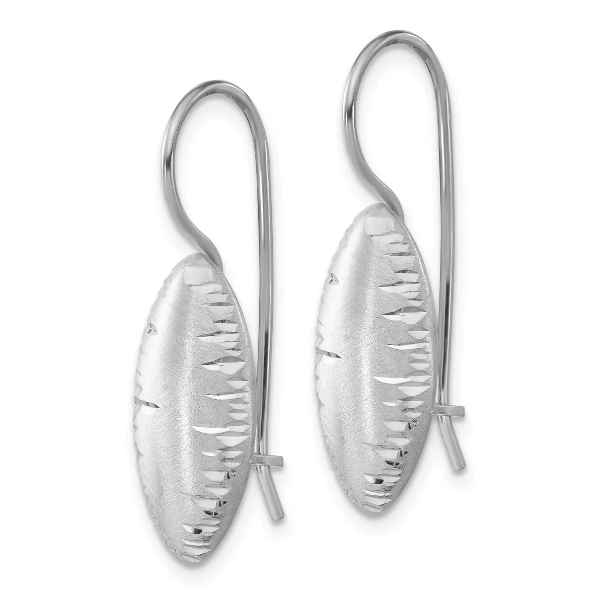 A pair of silver oval dangle earrings with textured surfaces and curved ear wires, displayed against a white background.