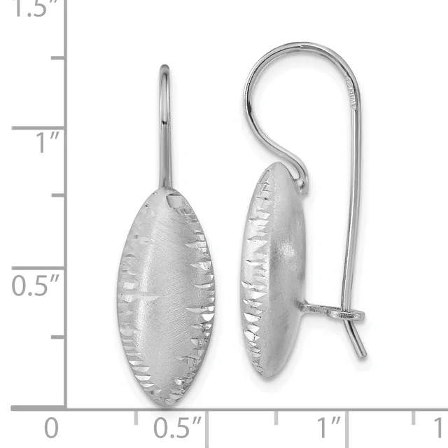 A pair of silver oval leaf-shaped earrings with textured surfaces and curved ear wires, displayed against a measurement scale showing they are approximately one inch long.