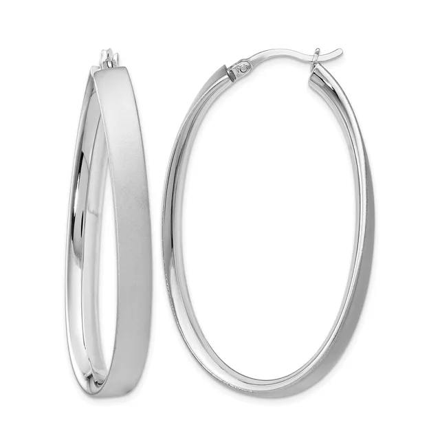 A pair of polished silver oval hoop earrings with a hinged post closure, shown from the front and side view against a white background.