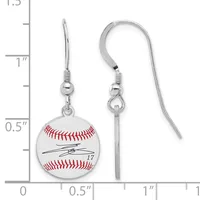 Pair of silver-toned baseball earrings with red stitching and a signature, suspended from curved ear wires, shown against a measurement scale.
