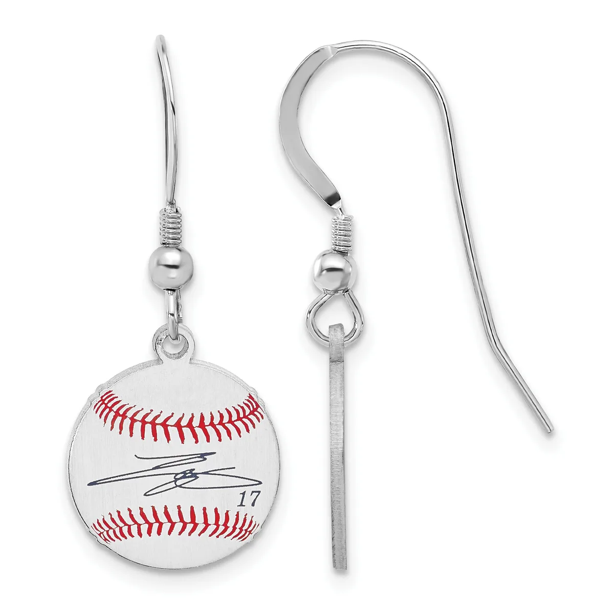A pair of sterling silver earrings with baseball-shaped pendants featuring red stitching and a signature, suspended from fish hook wires.