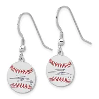 A pair of silver-toned baseball-shaped earrings with red stitching and blue signatures, suspended from curved ear wires.