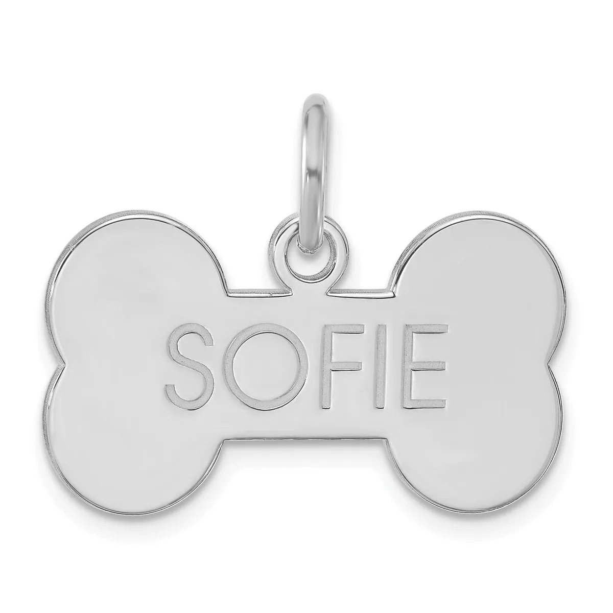 Silver bone-shaped pet tag with "SOFIE" engraved in the center and a hanging loop at the top.