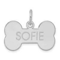 Silver bone-shaped pet tag with "SOFIE" engraved in the center and a hanging loop at the top.