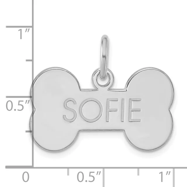 Silver bone-shaped pet tag engraved with the name Sophie, shown next to a ruler indicating dimensions of approximately one inch wide by half inch tall.