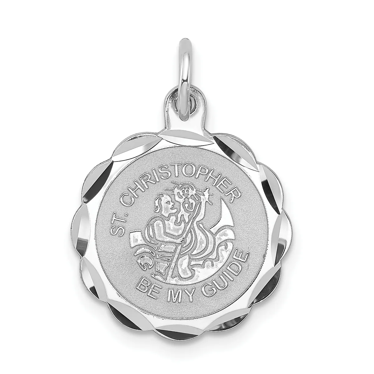 Silver round pendant with scalloped edge featuring St. Christopher and a child, inscribed "St. Christopher" and "Be My Guide" with a small loop bail at top.