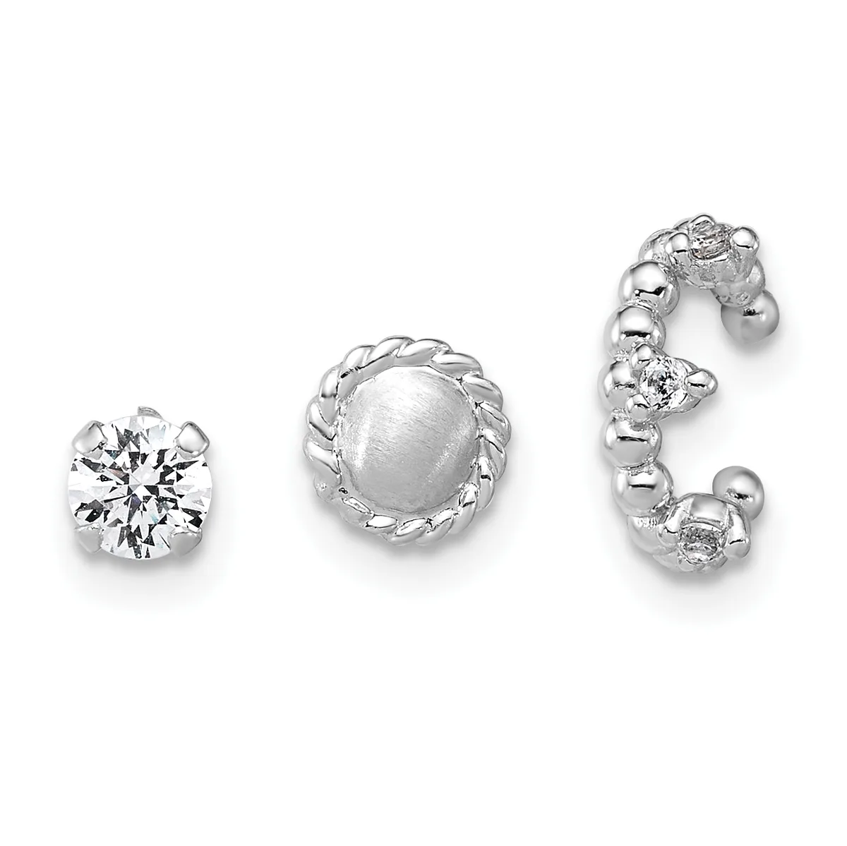 Three silver earrings displayed on a white background: a round stud with a large faceted cubic zirconia stone, a round stud with a brushed dome, and a curved climber with alternating polished spheres and cubic zirconia accents.