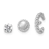 Three silver earrings displayed on a white background: a round stud with a large faceted cubic zirconia stone, a round stud with a brushed dome, and a curved climber with alternating polished spheres and cubic zirconia accents.